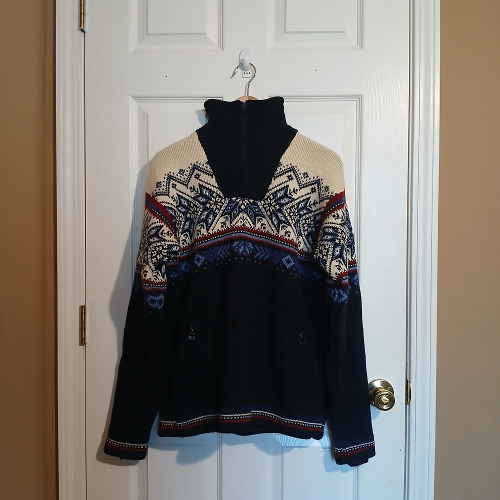 Dale of Norway Vail Norwegian Wool Sweater Men Red Indigo Blue Offwhite Size S